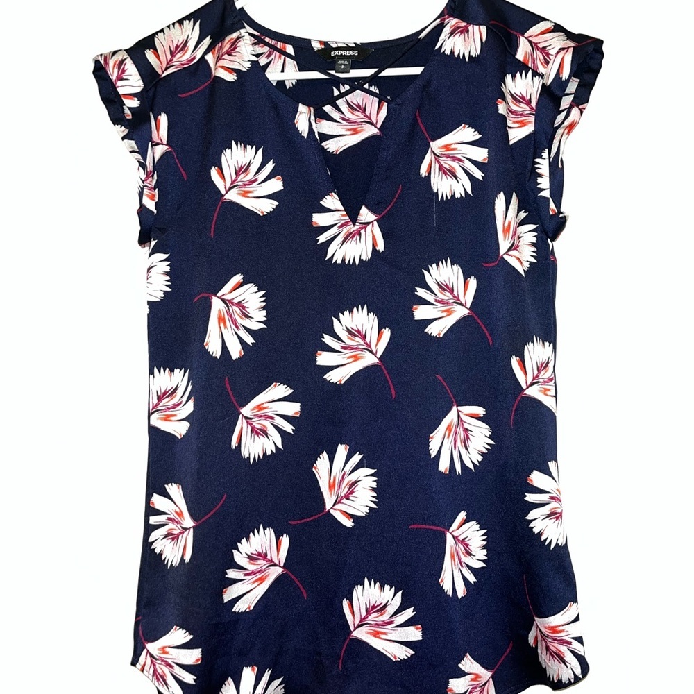 Express Navy Floral V-Neck Cap Sleeve Top